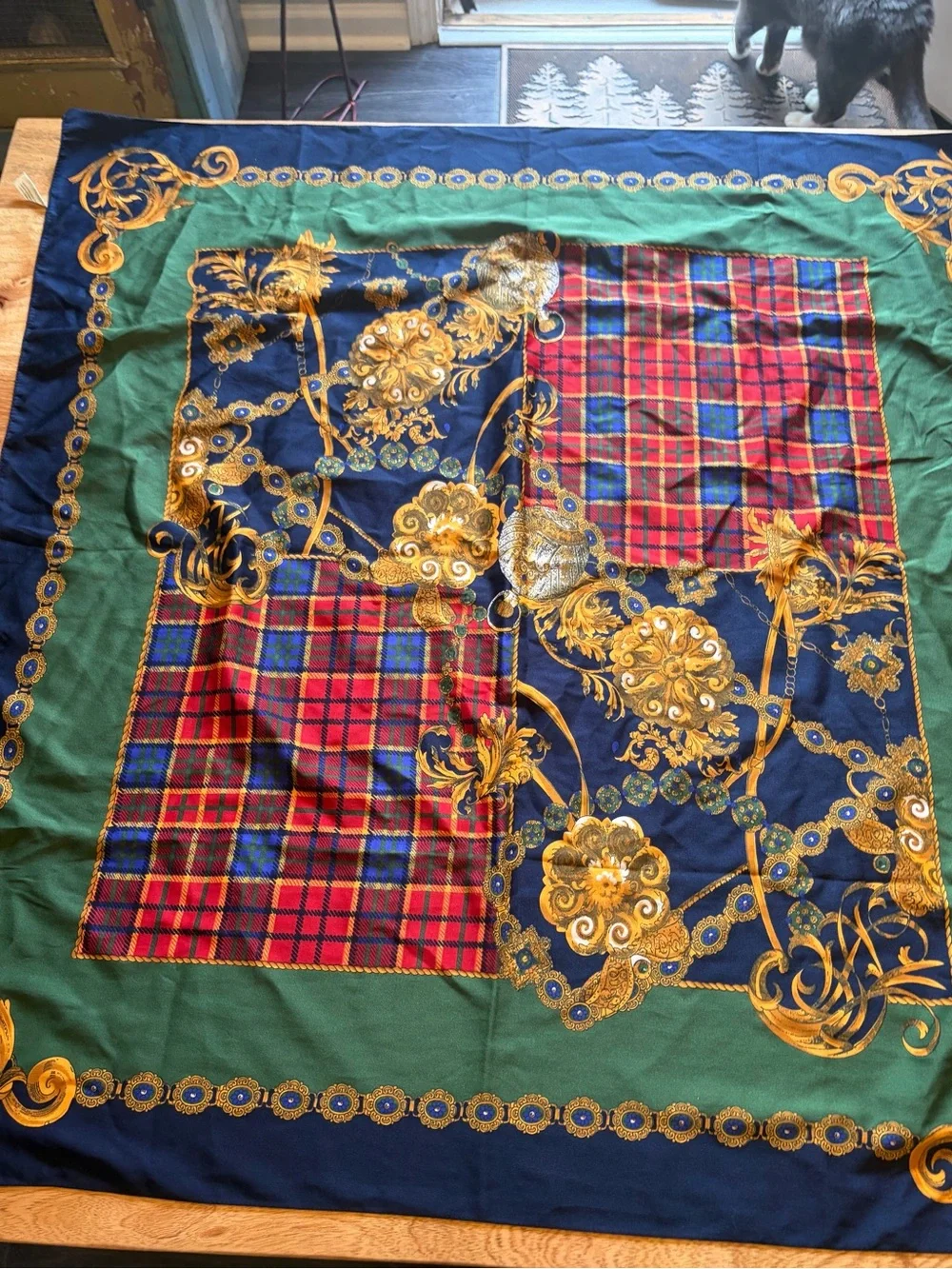 Luxury Patterned polyester women’s scarf. Plaid in Green, Navy ornate.